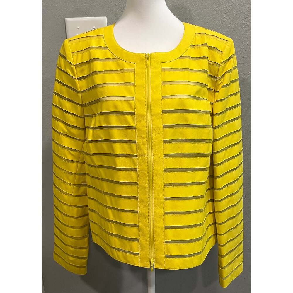 NWT LAFAYETTE 148 Yellow Genuine Leather & Silk Mesh Stripes, Size 16, MSRP $798